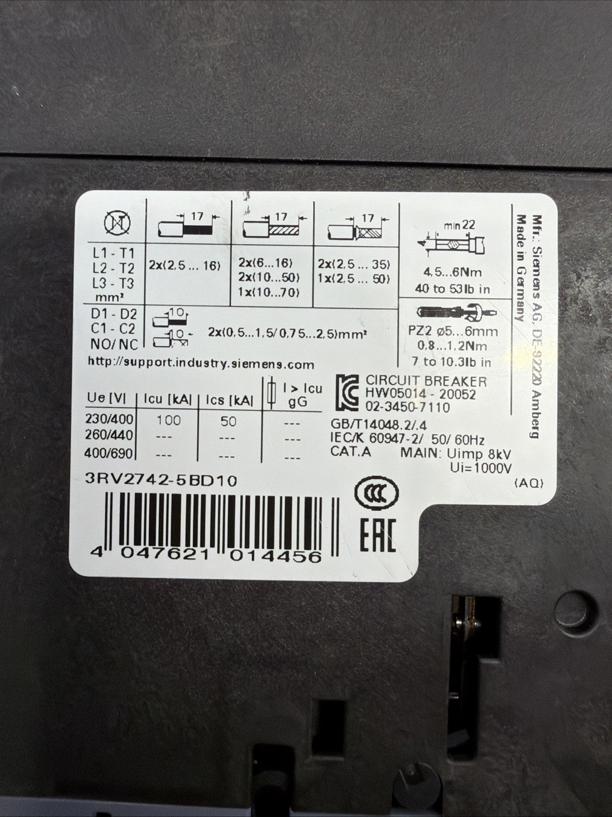 Siemens 3RV2742-5BD10 Motor Starter Protector Circuit Breaker NewOpenBox (1.2.1)