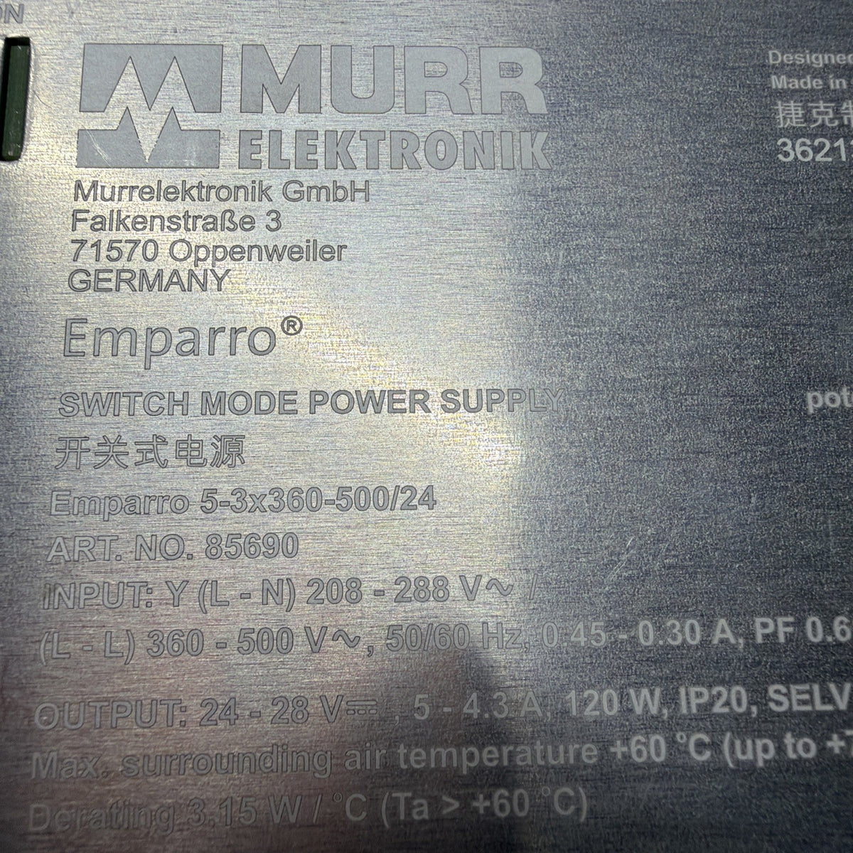 Murrelektronik 85690 Emparro 3-Phase Power Supply 24-28VDC 5A Open Box (1.3.1)