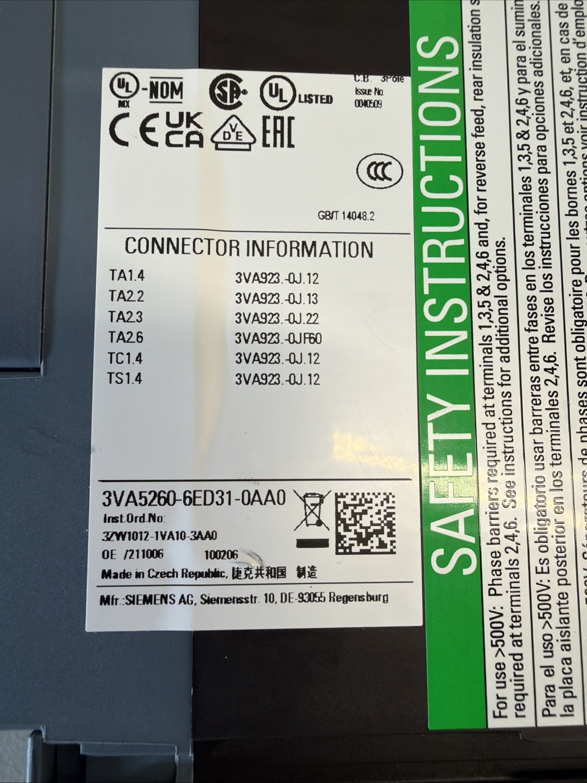 Siemens 3VA5260-6ED31-0AA0 Circuit Breaker 60A 800V New Open Box (1.3.1)
