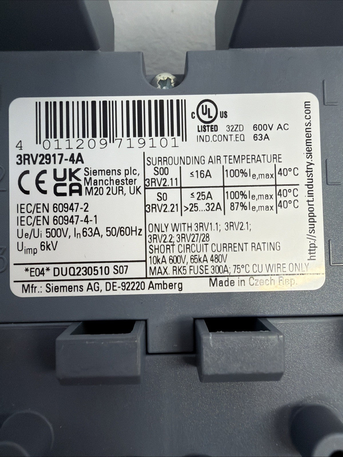 Siemens 3RV2917-4A Auxiliary Switch Block New Open Box (1.2.2)