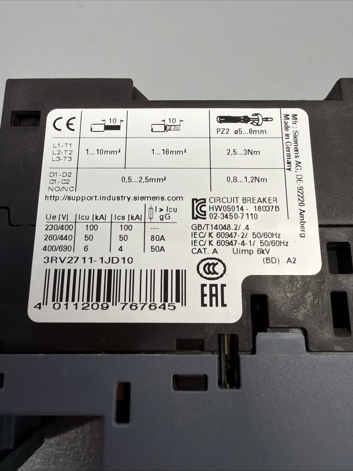 Siemens 3RV2711-1JD10 SIRIUS Motor Starter Protector New Open Box (1.2.2)