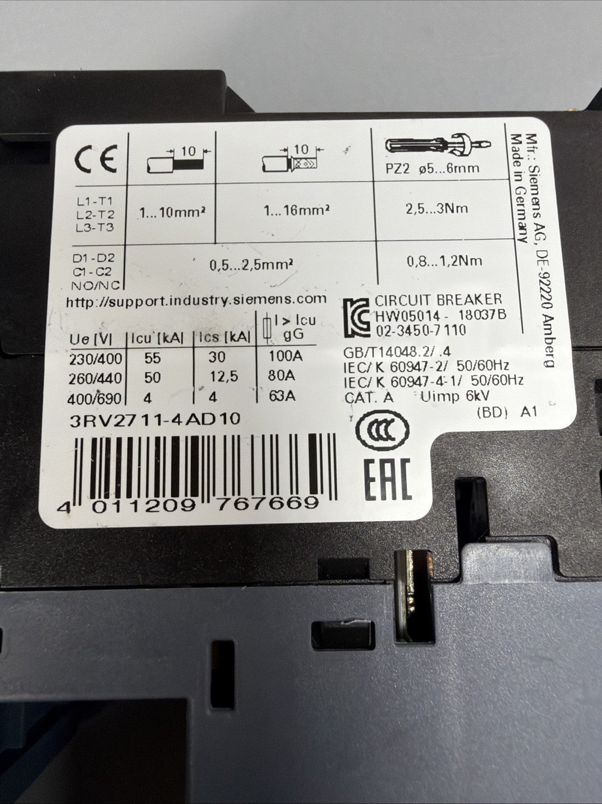 Siemens 3RV2711-4AD10 SIRIUS Circuit Breaker 11-16A NewOpen Box (1.4.4)