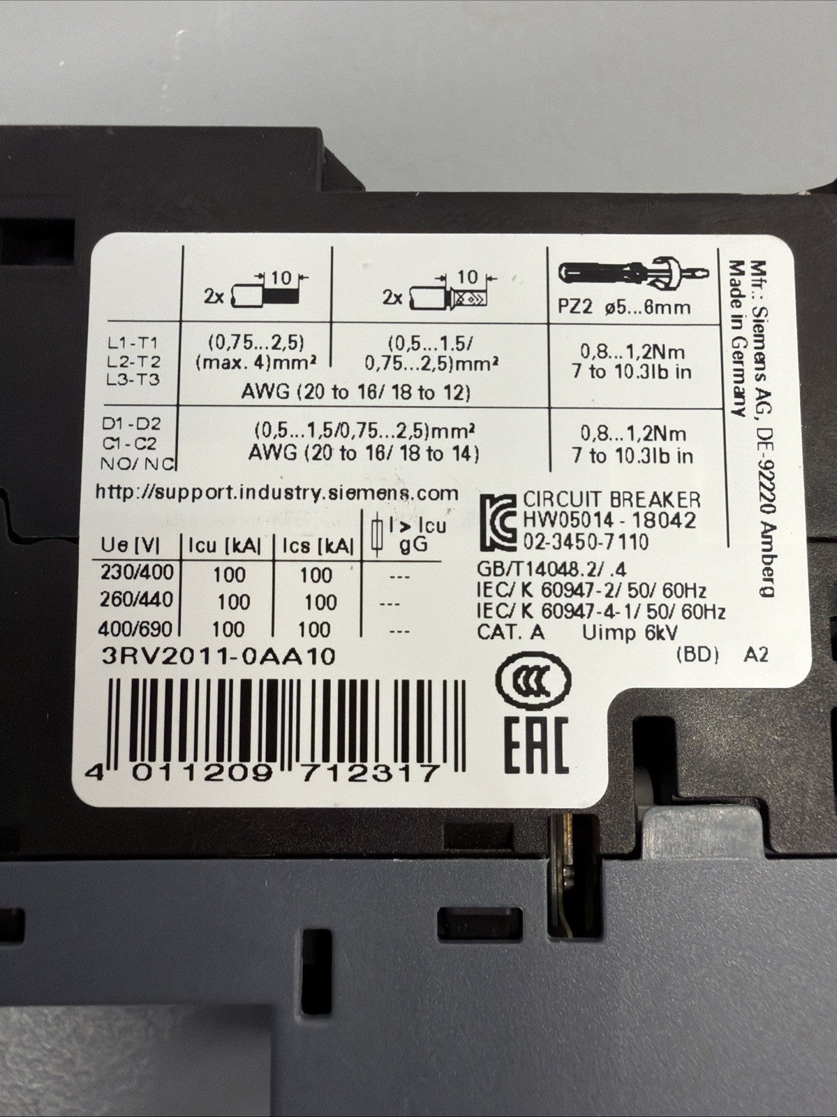 Siemens 3RV2011-0AA10 SIRIUS Motor Starter Protector New Open Box (1.3.2)