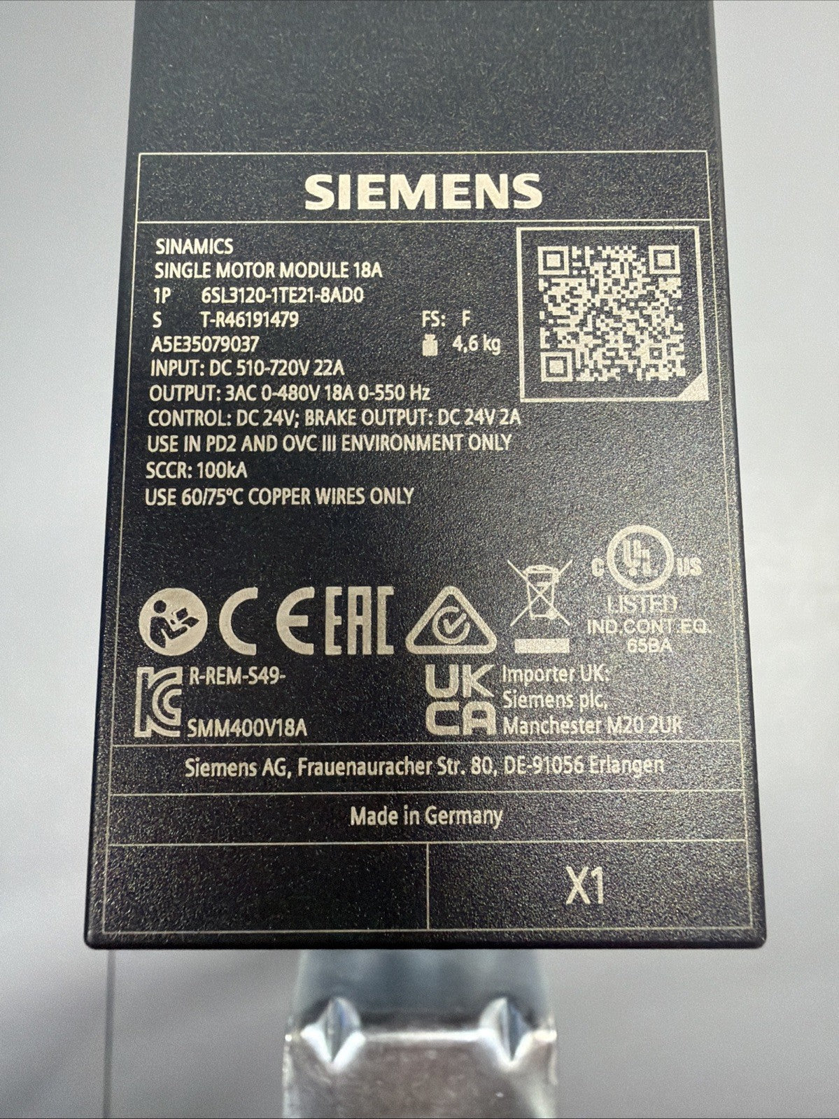 Siemens 6SL3120-1TE21-8AD0 SINAMICS Single Motor Module New Open Box (1.5.3)