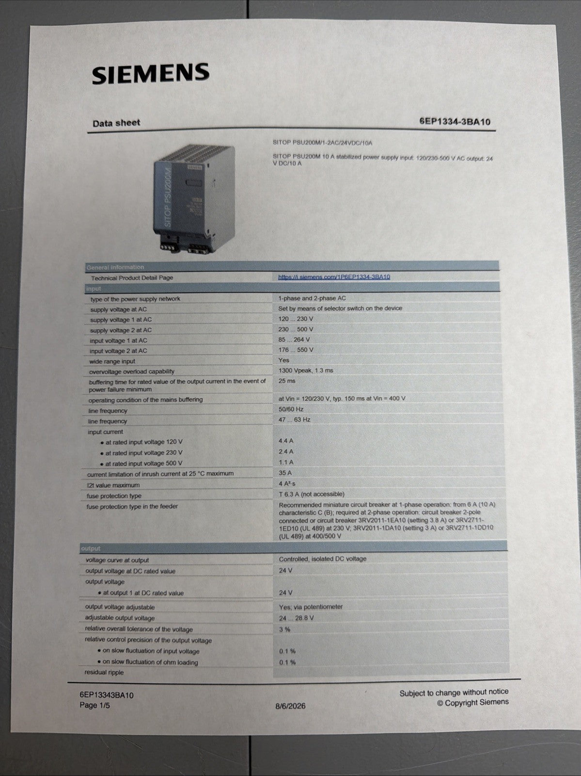 Siemens 6EP1334-3BA10 SITOP PSU200M 24VDC 10A Power Supply New Open Box (1.2.1)