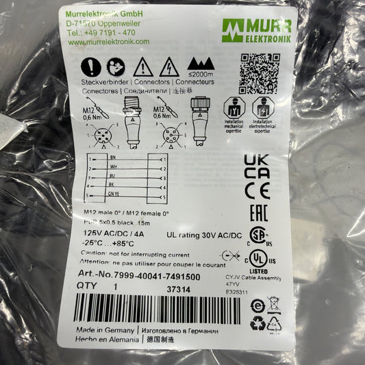 Murr Elektronik 7999-40041-7491500 M12 Male Female Cable 15m New Sealed (1.4.3)