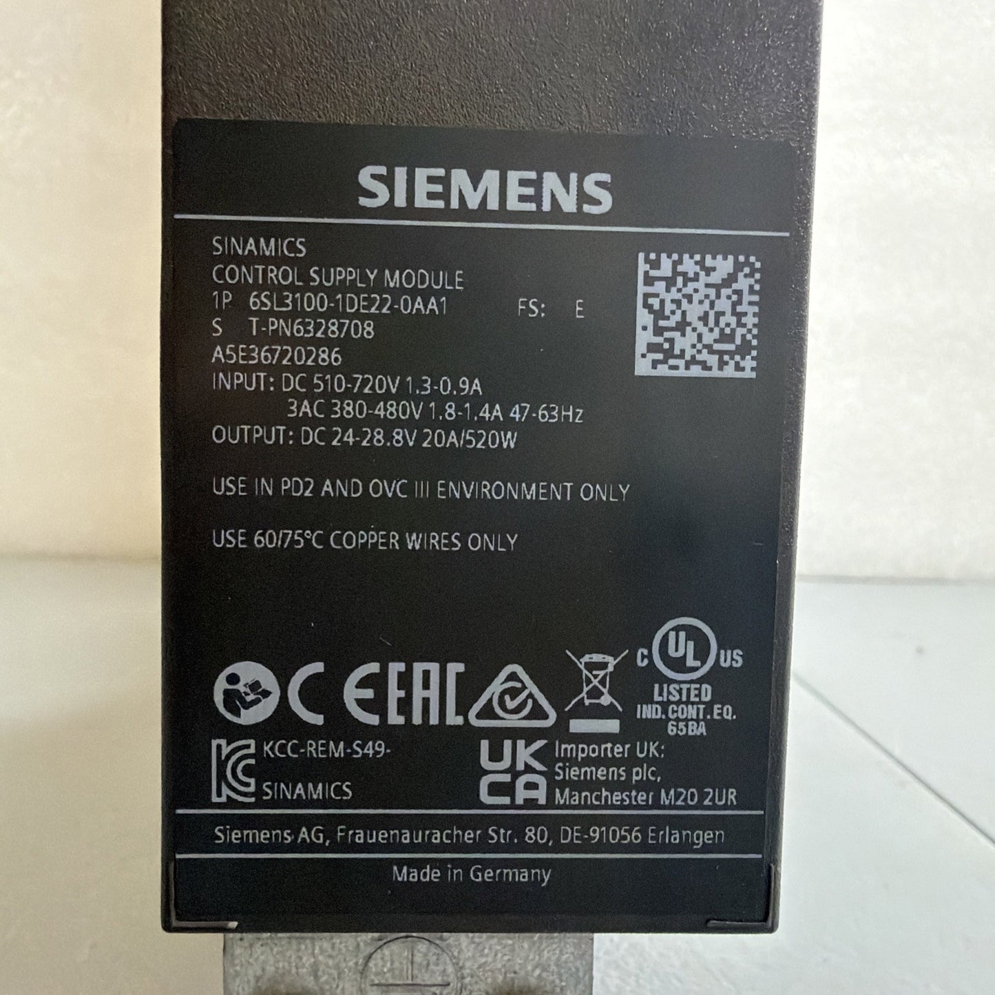 Siemens 6SL3100-1DE22-0AA1 SINAMICS Control Supply Module New Open Box (1.2.3)
