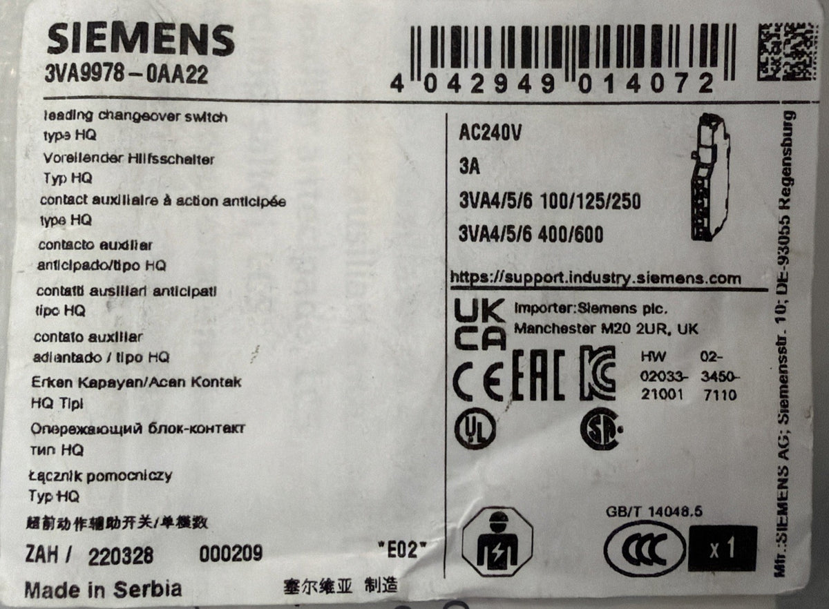 Siemens 3VA9978-0AA22 Leading Changeover Switch HQ 3A 240VAC New (1.3.2)