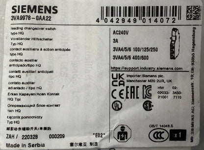 Siemens 3VA9978-0AA22 Leading Changeover Switch HQ 3A 240VAC New (1.3.2)