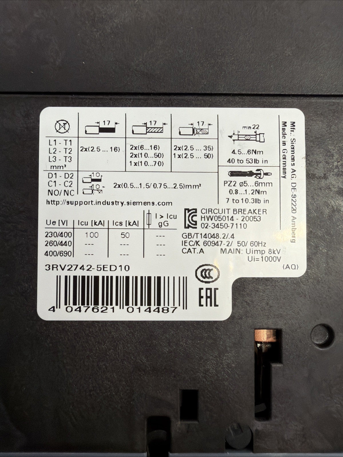 SIEMENS 3RV2742-5ED10, SIRUS CIRCUIT BREAKER New Open Box (1.4.4)
