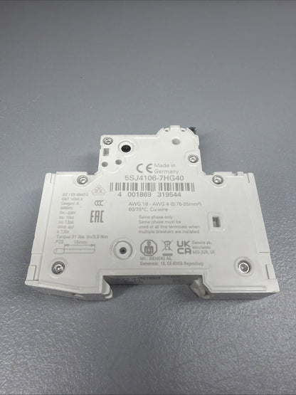 Siemens 5SJ4106-7HG40 SENTRON 4-Pole 6A Circuit Breaker Open Box (1.3.1)
