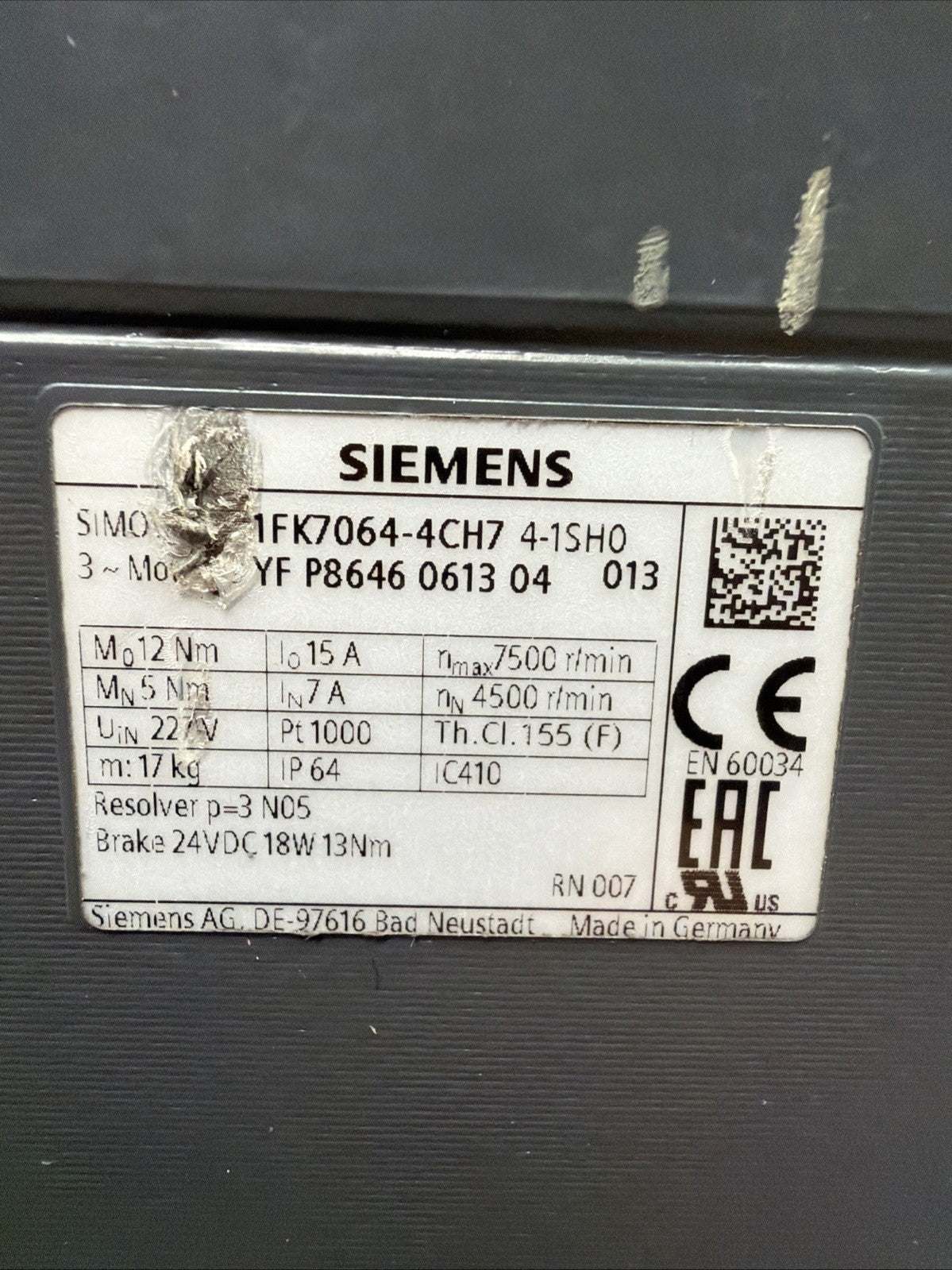 Siemens 1FK7064-4CH71-1SH0 SIMOTICS S Servo Motor Seller Refurbished (1.5.1)