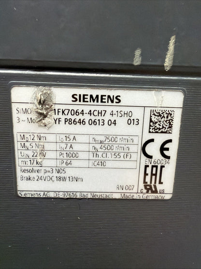 Siemens 1FK7064-4CH71-1SH0 SIMOTICS S Servo Motor Seller Refurbished (1.5.1)
