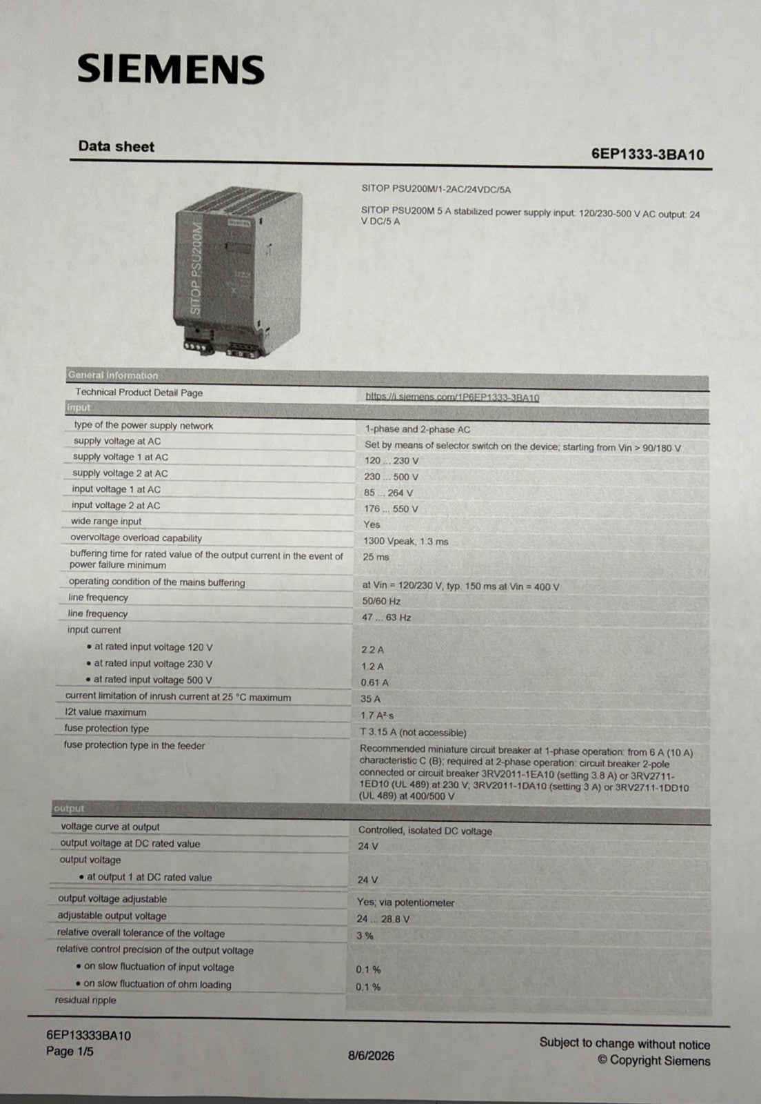 Siemens 6EP1333-3BA10 SITOP PSU200M DIN Rail Power Supply 24VDC 5A Open Box(123)