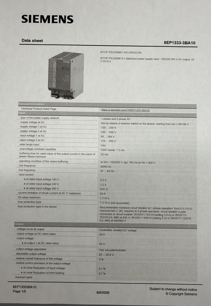 Siemens 6EP1333-3BA10 SITOP PSU200M DIN Rail Power Supply 24VDC 5A Open Box(123)