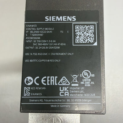 Siemens 6SL3100-1DE22-0AA1 SINAMICS Control Supply Module New Open Box (1.4.2b)