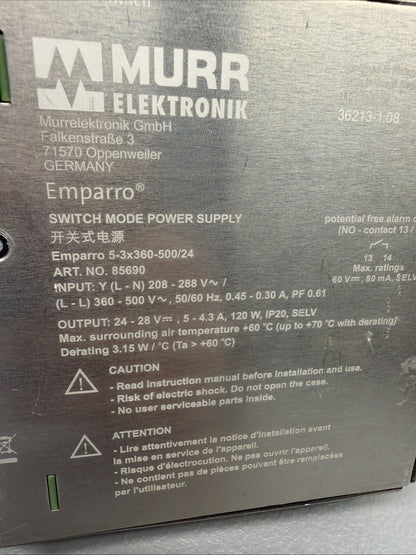 MurrElektronik 85690 3-Phase Power Supply 24-28V 5A DC New Open Box (1.3.1)