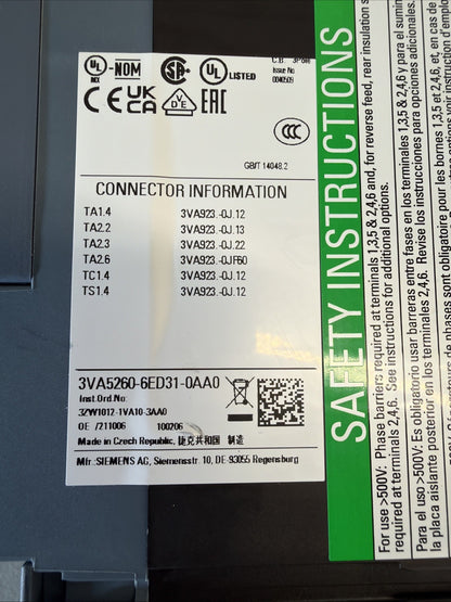 Siemens 3VA5260-6ED31-0AA0 Circuit Breaker 60A 800V New Open Box (1.3.1)
