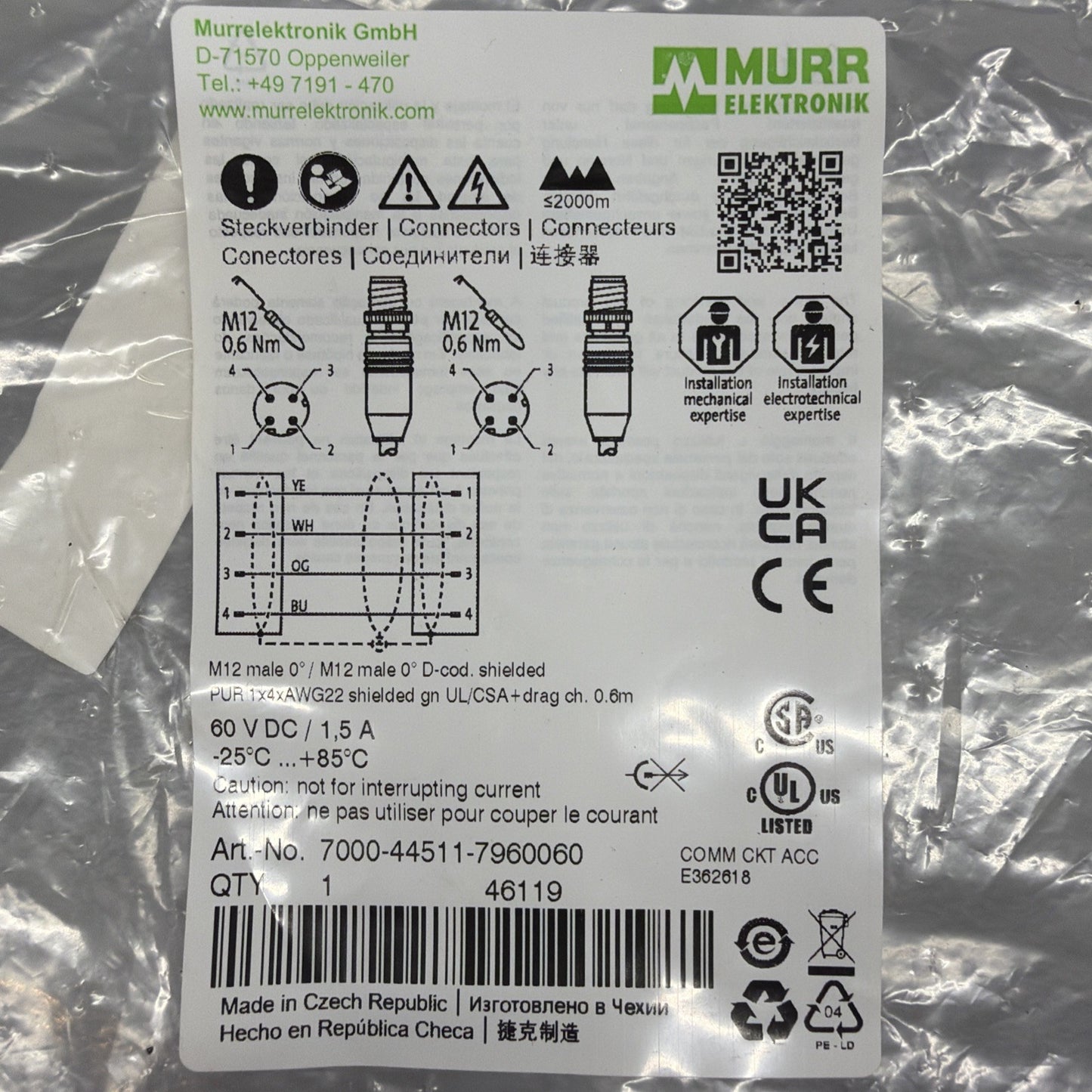Murrelektronik 7000-44511-7960060 PROFINET M12 D-Code Cable 0.6m New Sealed 143