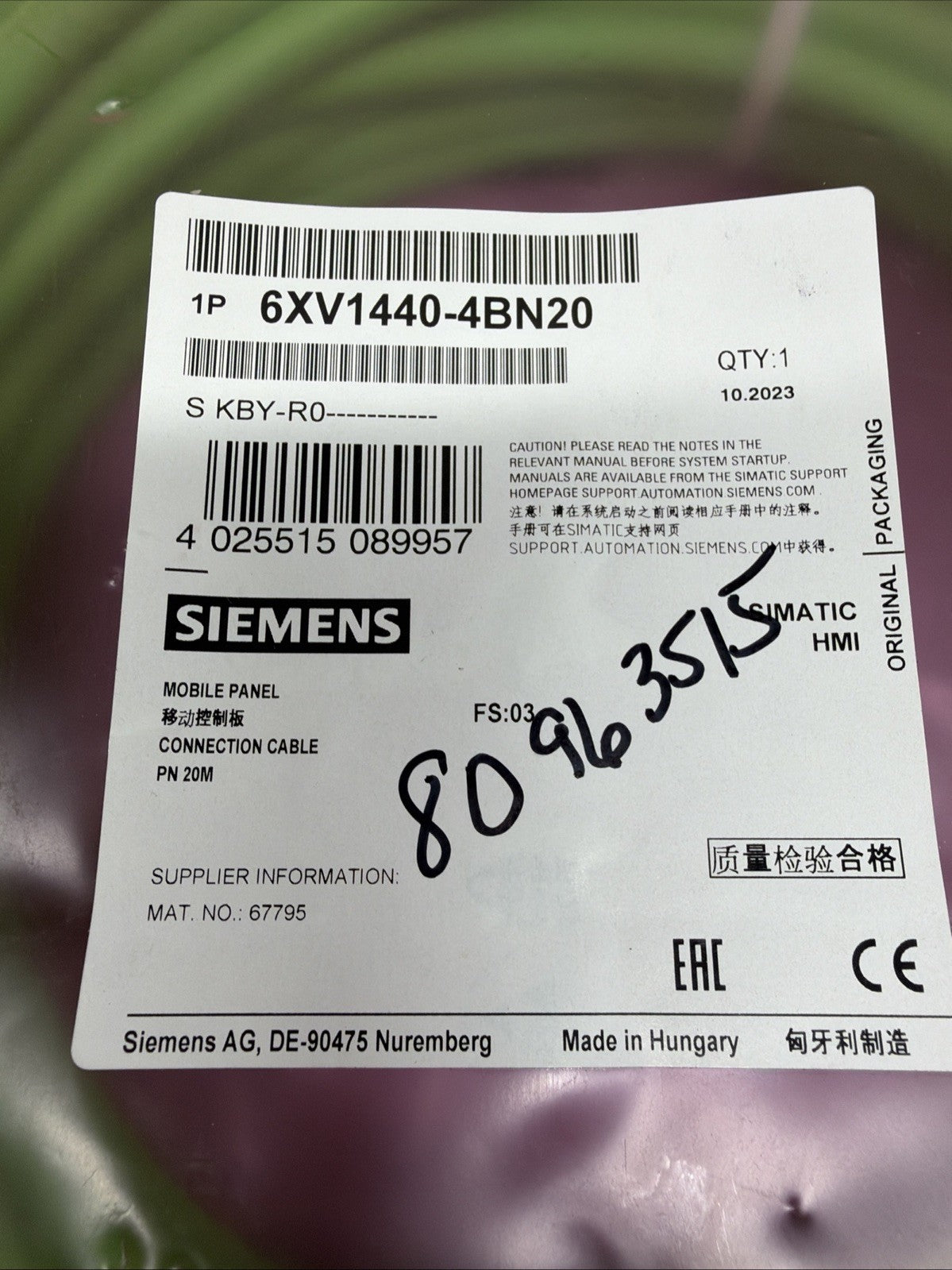 New Siemens 6XV1440-4BN20 SIMATIC HMI Mobile Panel Cable 20M Sealed (1.4.3)
