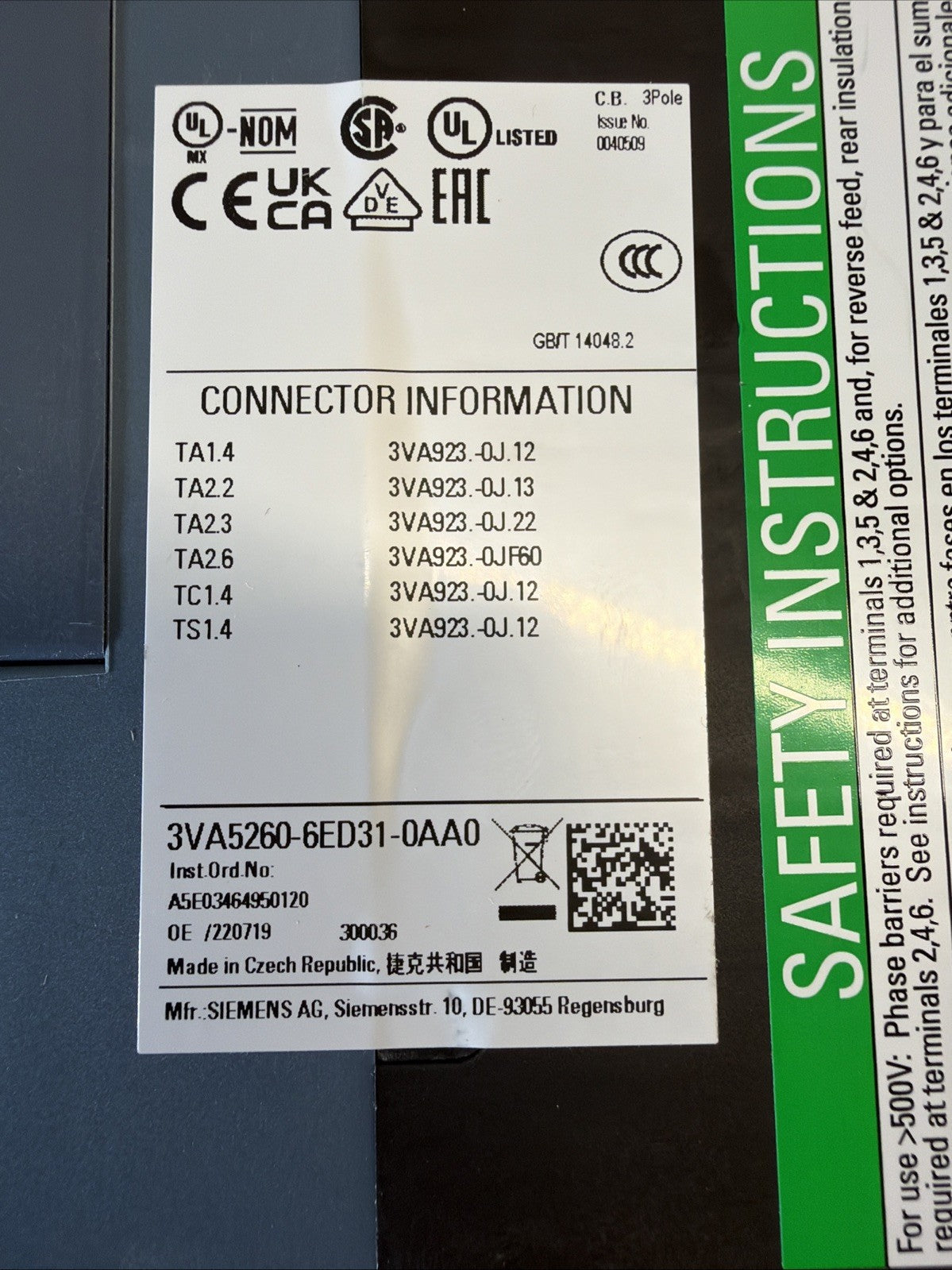 Siemens 3VA5260-6ED31-0AA0 Circuit Breaker 60A 800V New Open Box (1.2.4)