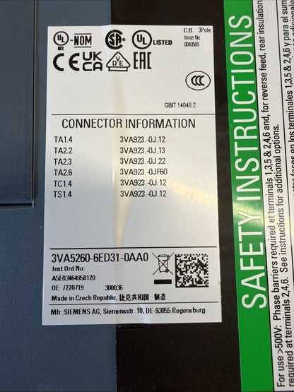 Siemens 3VA5260-6ED31-0AA0 Circuit Breaker 60A 800V New Open Box (1.2.4)