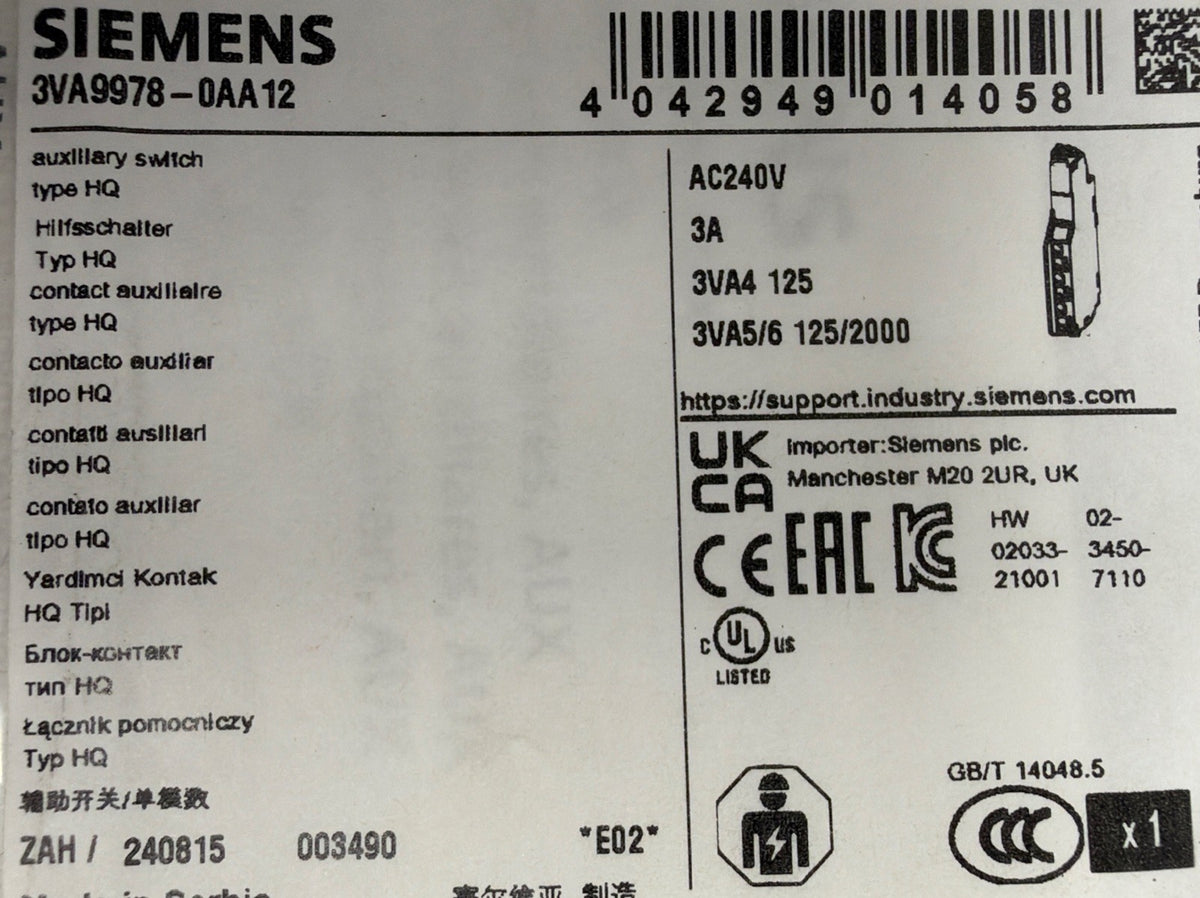 Siemens 3VA9978-0AA12 Auxiliary Switch Type HQ 3A 240VAC New (1.4.2)