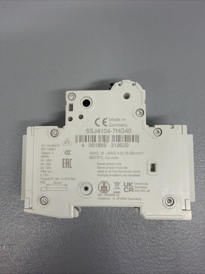 Siemens 5SJ4104-7HG40 4A Breaker + 5ST3010-0HG Aux Switch New Open Box((1.3.1)