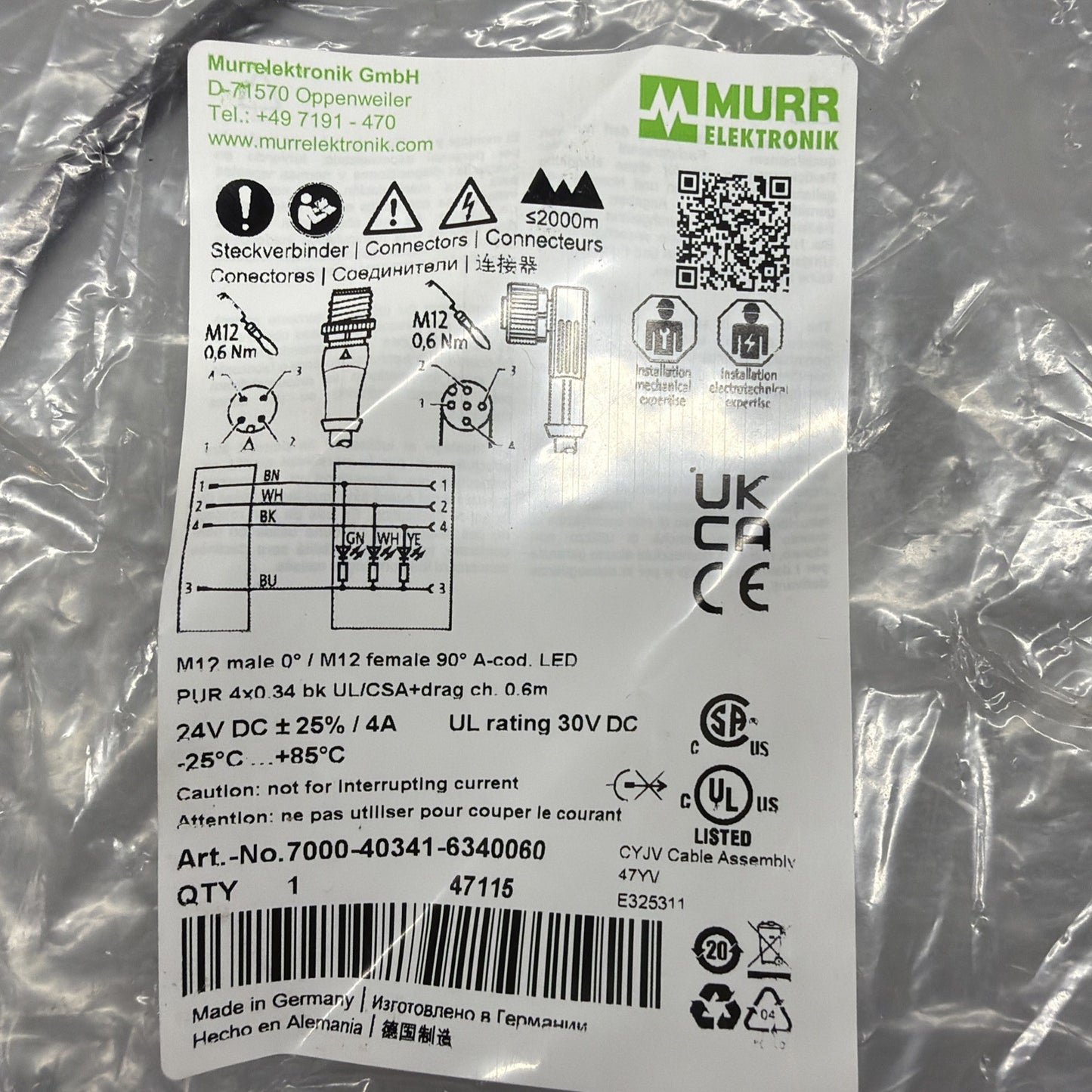 Murr Elektronik 7000-40341-6340060 M12 Male Female Cable 0.6m New Sealed 143