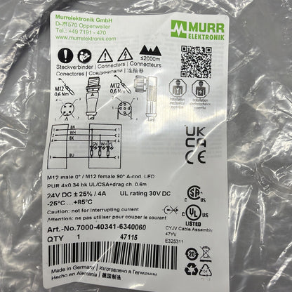 Murr Elektronik 7000-40341-6340060 M12 Male Female Cable 0.6m New Sealed 143