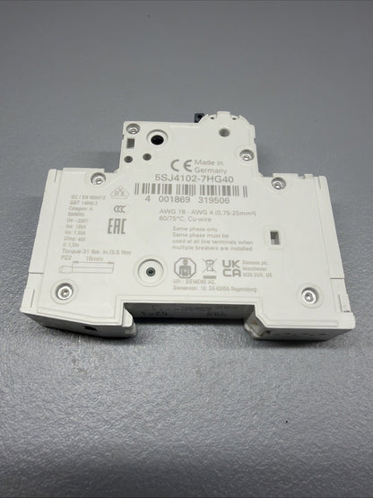 Siemens 5SJ4102-7HG40 SENTRON 1-Pole 2A Circuit Breaker Open Box (1.3.4)