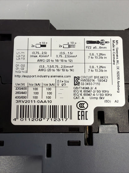 Siemens 3RV2011-0AA10 SIRIUS Motor Starter Protector New Open Box (1.3.2)