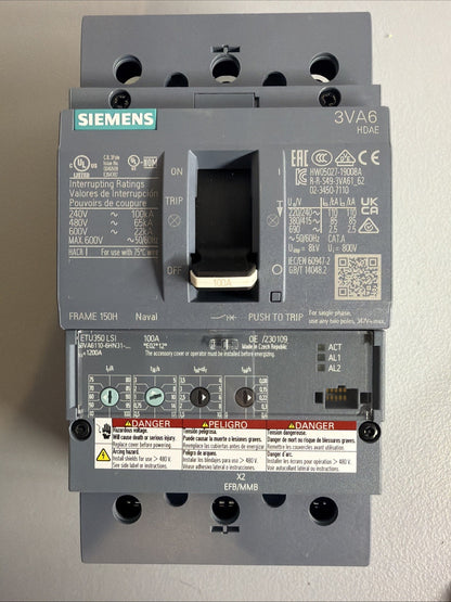 Siemens 3VA6110-6HN31-0AA0 100A 3-Pole Circuit Breaker ETU350 New Op.Box  1.2.2B