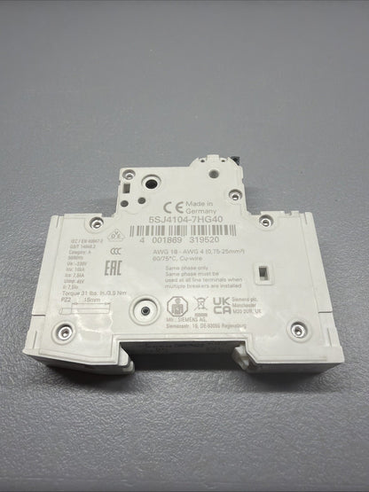 Siemens 5SJ4104-7HG40 SENTRON 4-Pole 4A Circuit Breaker Open Box (1.2.1)