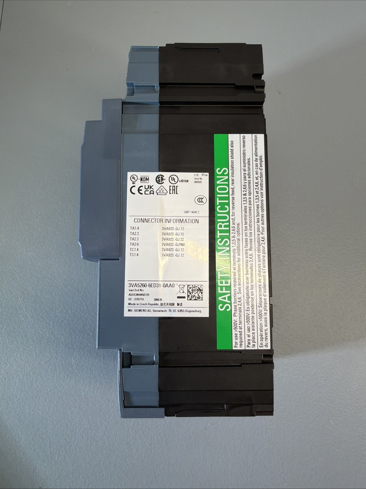 Siemens 3VA5260-6ED31-0AA0 Circuit Breaker 60A 800V New Open Box (1.2.4)