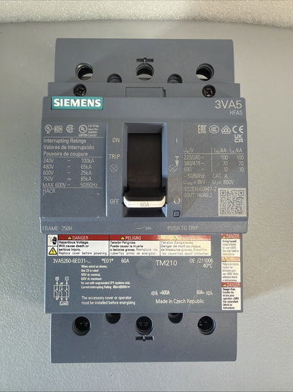 Siemens 3VA5260-6ED31-0AA0 Circuit Breaker 60A 800V New Open Box (1.3.1)