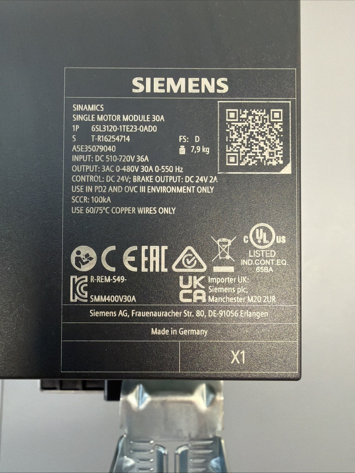 Siemens 6SL3120-1TE23-0AD0 SINAMICS Single Motor Module New Open Box (1.5.3)