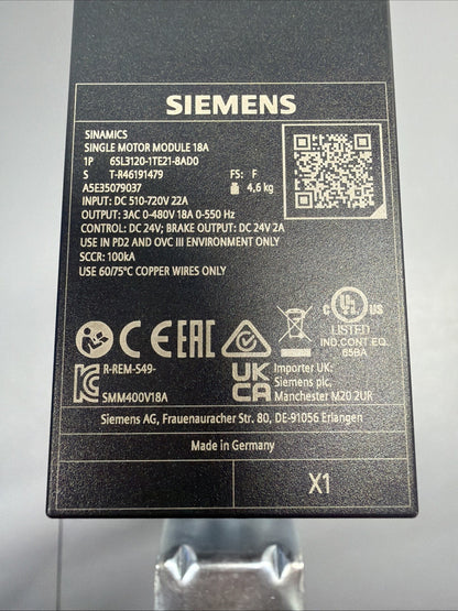 Siemens 6SL3120-1TE21-8AD0 SINAMICS Single Motor Module New Open Box (1.5.3)