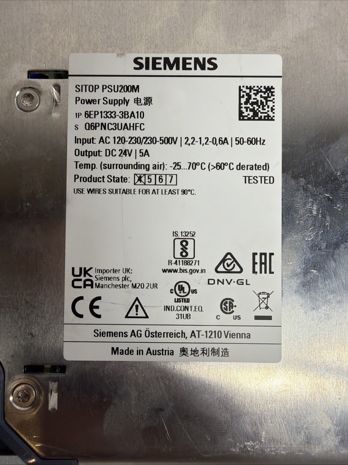 Siemens 6EP1333-3BA10 SITOP PSU200M DIN Rail Power Supply 24VDC 5A Open Box(123)