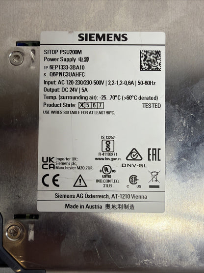 Siemens 6EP1333-3BA10 SITOP PSU200M DIN Rail Power Supply 24VDC 5A Open Box(123)