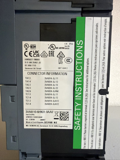 Siemens 3VA6110-6HN31-0AA0 100A 3-Pole Circuit Breaker ETU350 New Op.Box  1.2.2B
