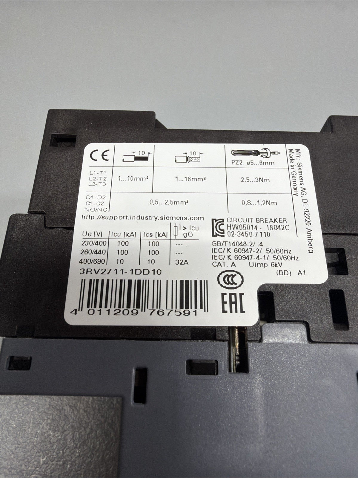 Siemens 3RV2711-1DD10 Motor Starter Protector Circuit Breaker New Open Box (141)