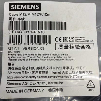 Siemens 6GT2891-4FN10 M12 Male Female Cable 10m New Sealed (1.4.3)