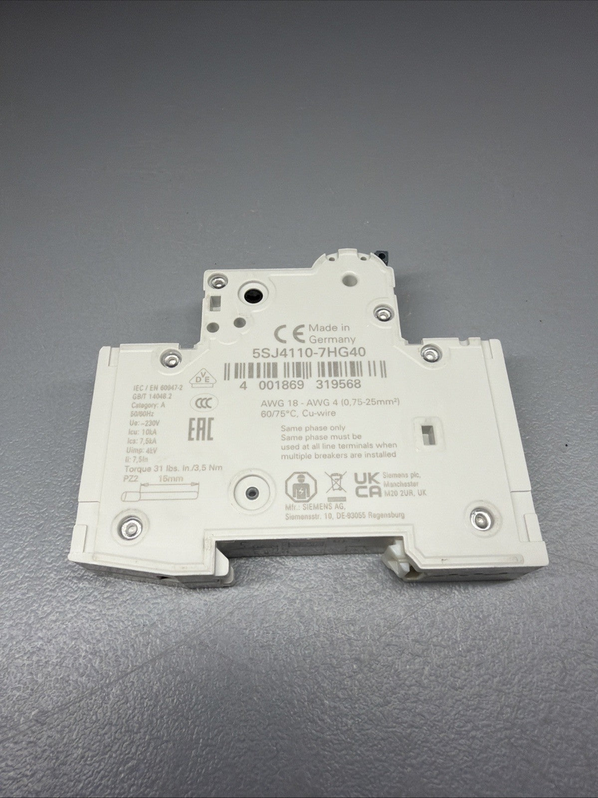 Siemens 5SJ4110-7HG40 SENTRON 4-Pole 10A Circuit Breaker Open Box (1.3.2b)