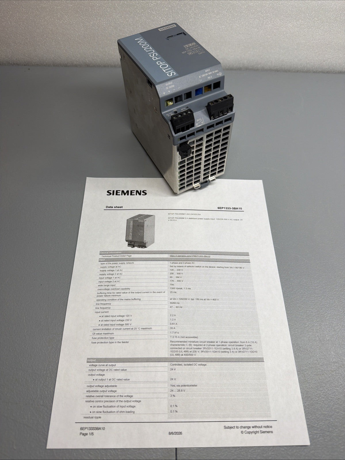 Siemens 6EP1333-3BA10 SITOP PSU200M DIN Rail Power Supply 24VDC 5A Open Box(123)