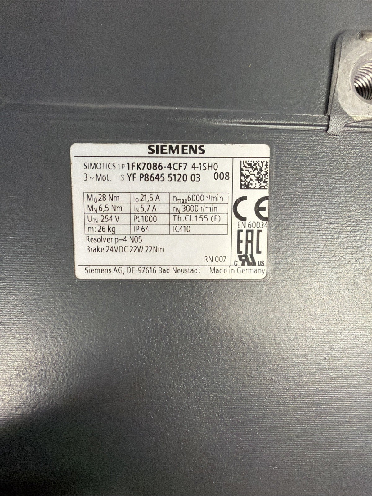 Siemens 1FK7086-4CF7 4-1SH0 SIMOTICS S Servo Motor New Open Box (1.5.1)