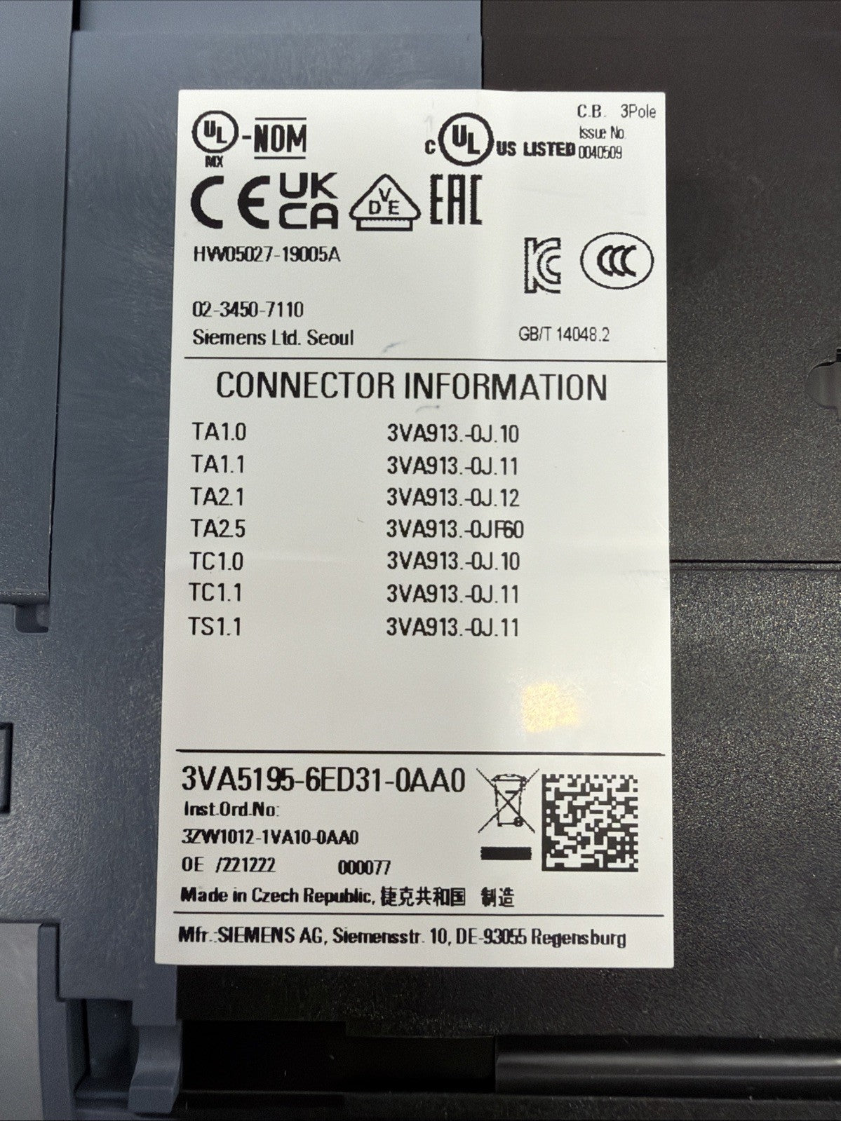 Siemens 3VA5195-6ED31-0AA0 95A Circuit Breaker + 3VA9137-0EK11 (1.3.1)
