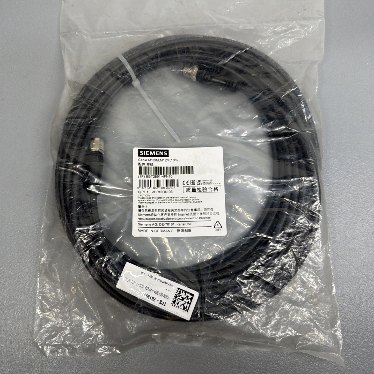 Siemens 6GT2891-4FN10 M12 Male Female Cable 10m New Sealed (1.4.3)