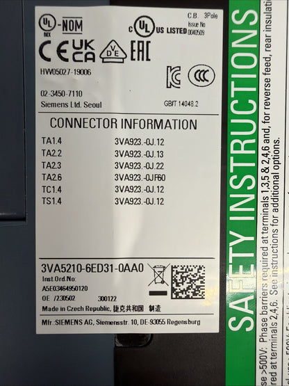 Siemens 3VA5210-6ED31-0AA0 Circuit Breaker 100A 800V New Open Box (1.3.4)