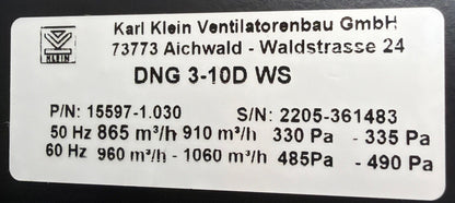 Karl Klein Ventilatorenbau DNG 3-10DWS Blower Emod IC410-OL63S/2X-T67956  1.1.1B